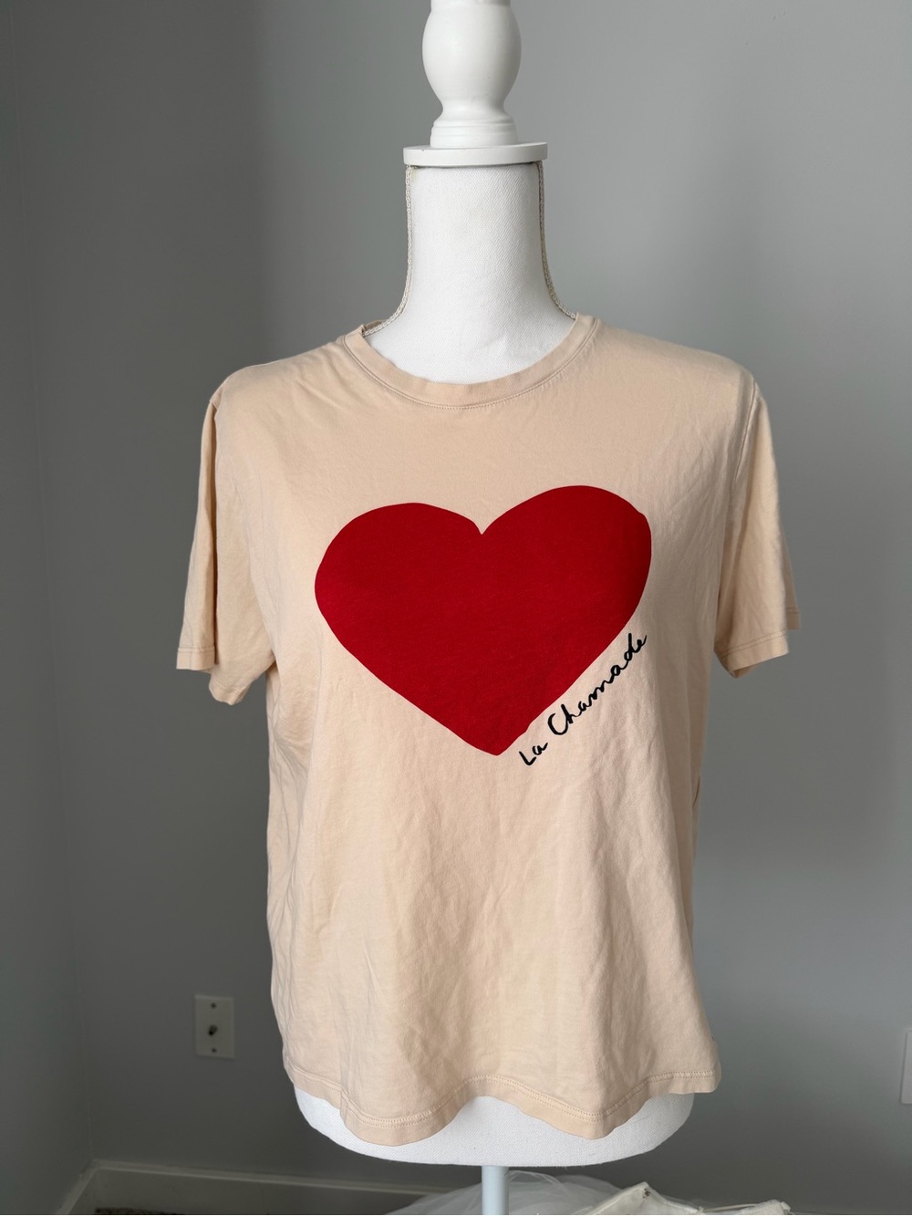 Sézane La Chamade T-Shirt Cream Red Heart Size M Organic Cotton